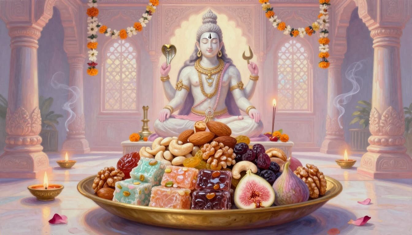 a large pile of dry fruit chikki and dry fruits on a plate in front of a marble shiva statue, in a luxurious hall