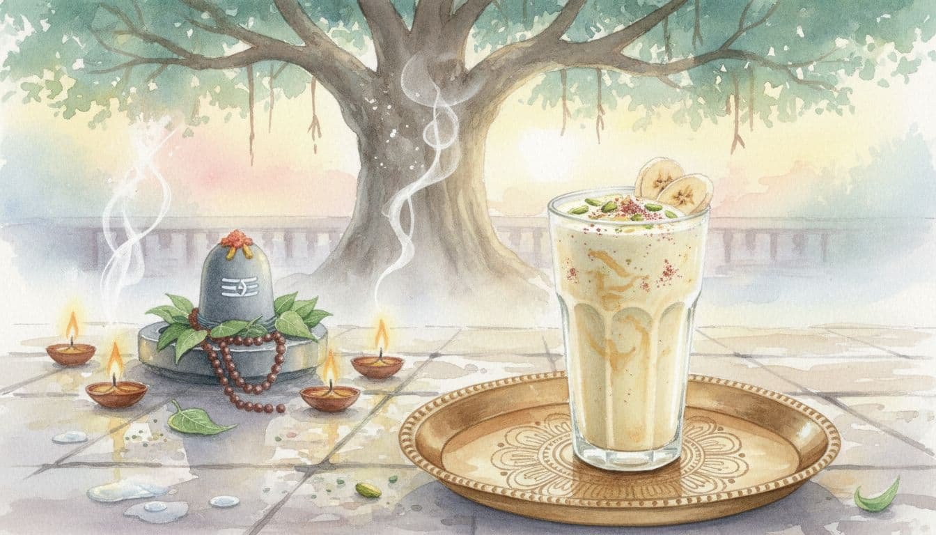 a glass tumbler of banana lassi, palced on a copper plate, before a shiva linga decked out in bel patra