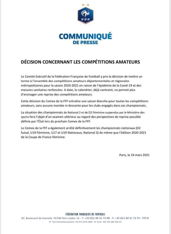communiqué de presse de la Fédération Française de Football du 24 mars 2021 annonçant la fin des championnats et la saison blanche 2020-2021