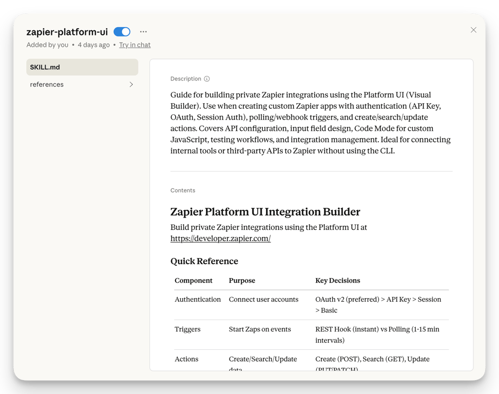 My Claude skill for building custom Zapier integrations. You can steal it here.