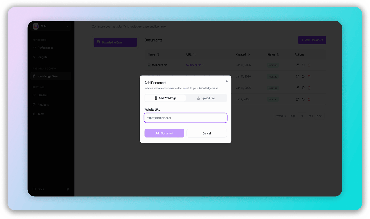 Nobi’s UX for adding a source document to your knowledge base