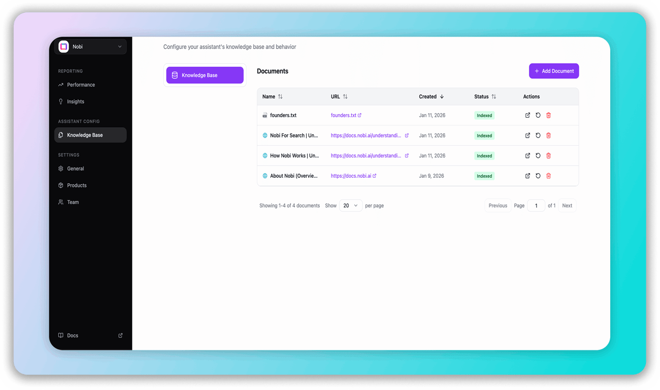 Nobi’s knowledge base management screen