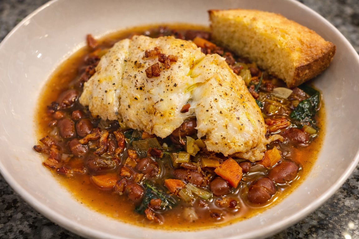 Poached Cod with King City Pink Beans, Bacon & Greens