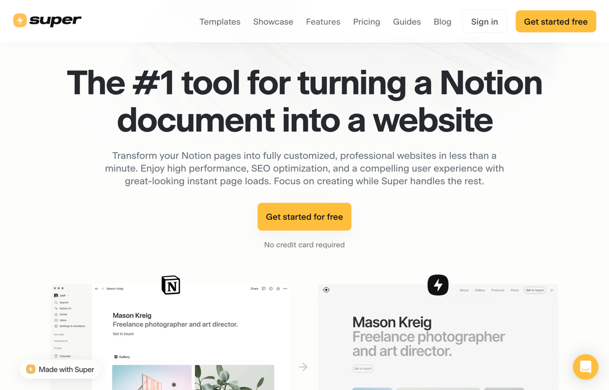 Super.so Notion website design editor