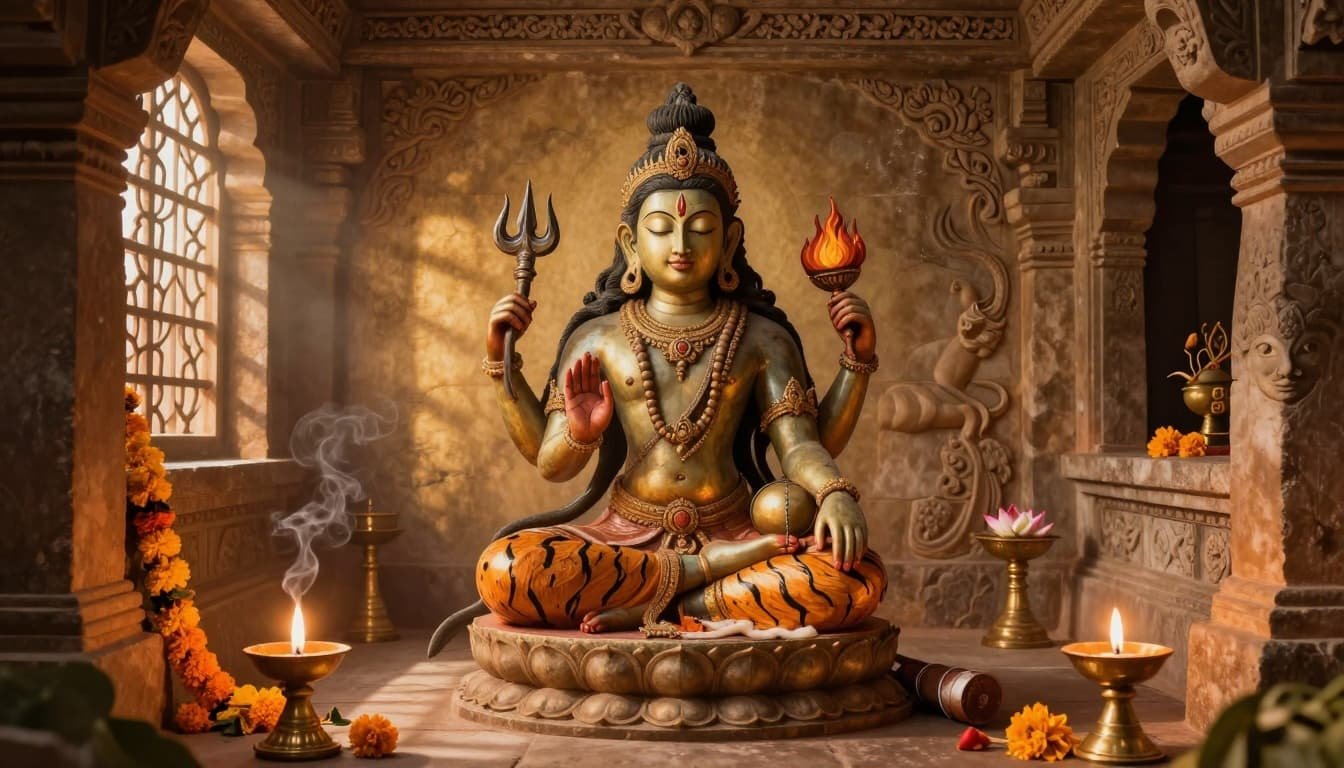 bronze, decorative shiva statue placed in a stone temple setup with two lit diyas and a flower garland