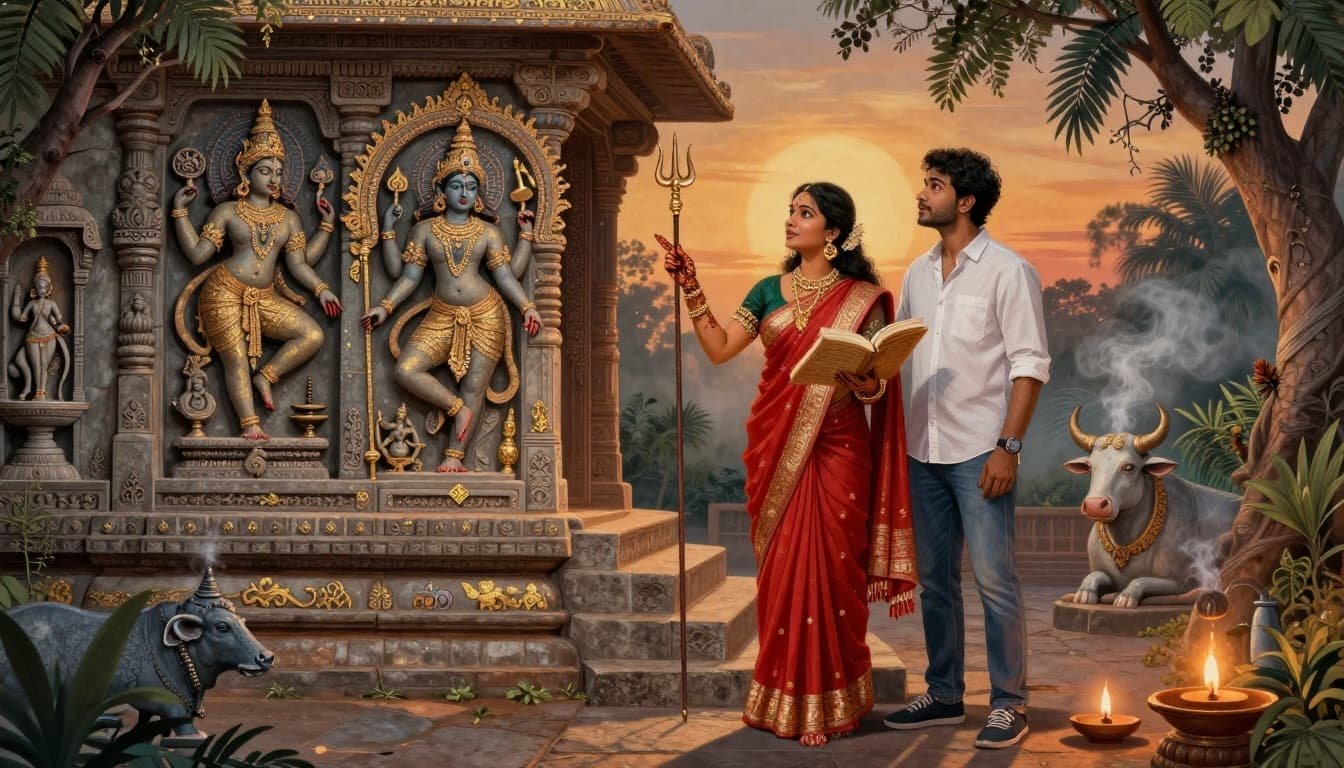 a woman talking to a man while holding a book, in front of a temple, at sunrise