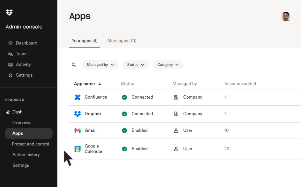 Dropbox app settings screen, illustrating why engineering teams need a real PDM with file locking and version control for CAD data.