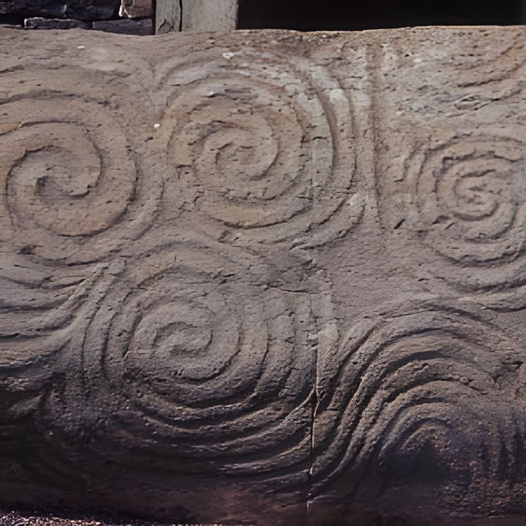 Newgrange entrance stone with megalithic art. Boyne Valley, Ireland (3,200 BC)