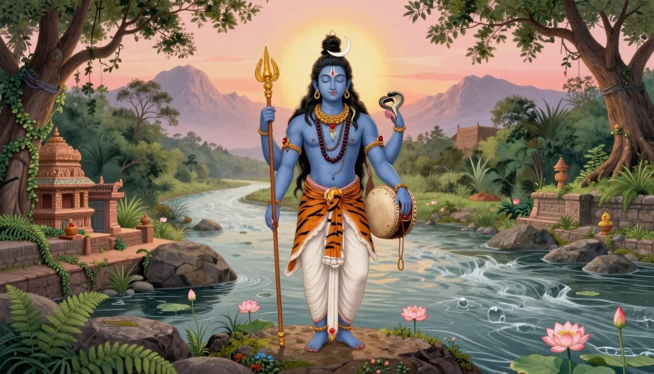 lord shiva on the banks of river ganga, holding a damaru, with the sun rising behind him