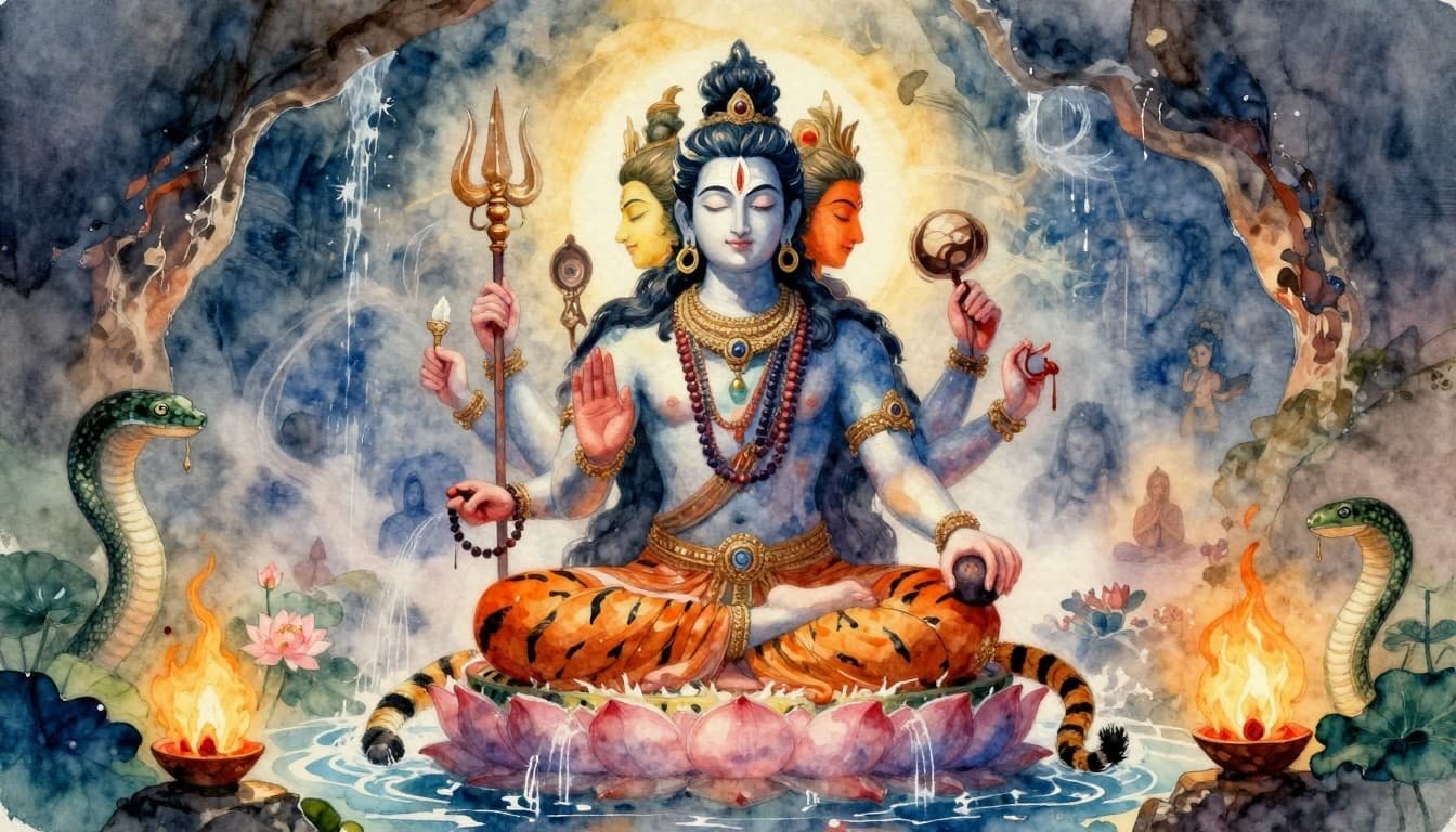 three faces of panchamukha shiva sitting on a lotus in water
