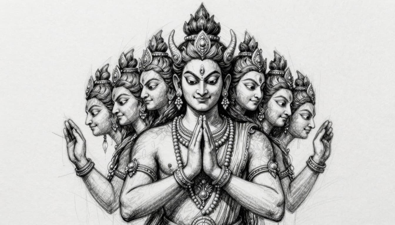 pencil sketch of raavan, praying with his hands closed.