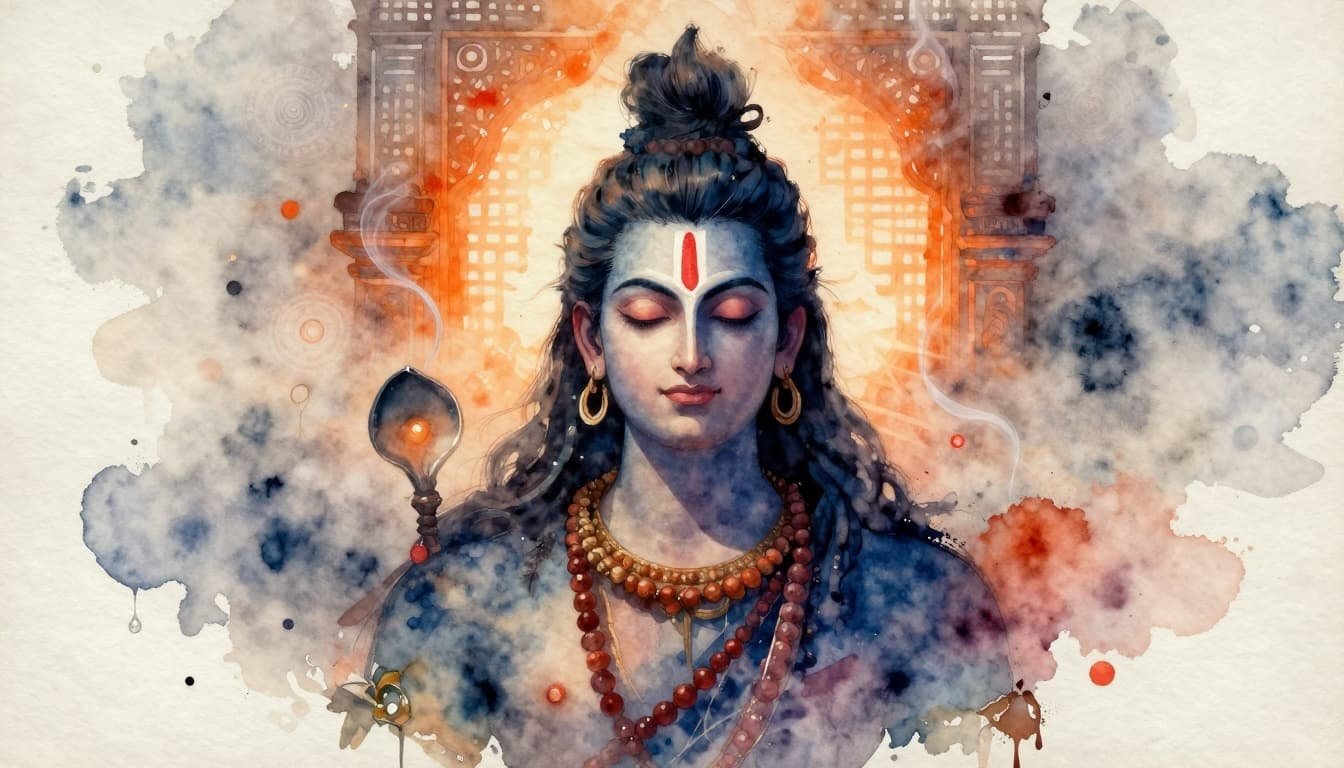 lord shiva painting in blues and oranges, with a decorative wooden frame behind him