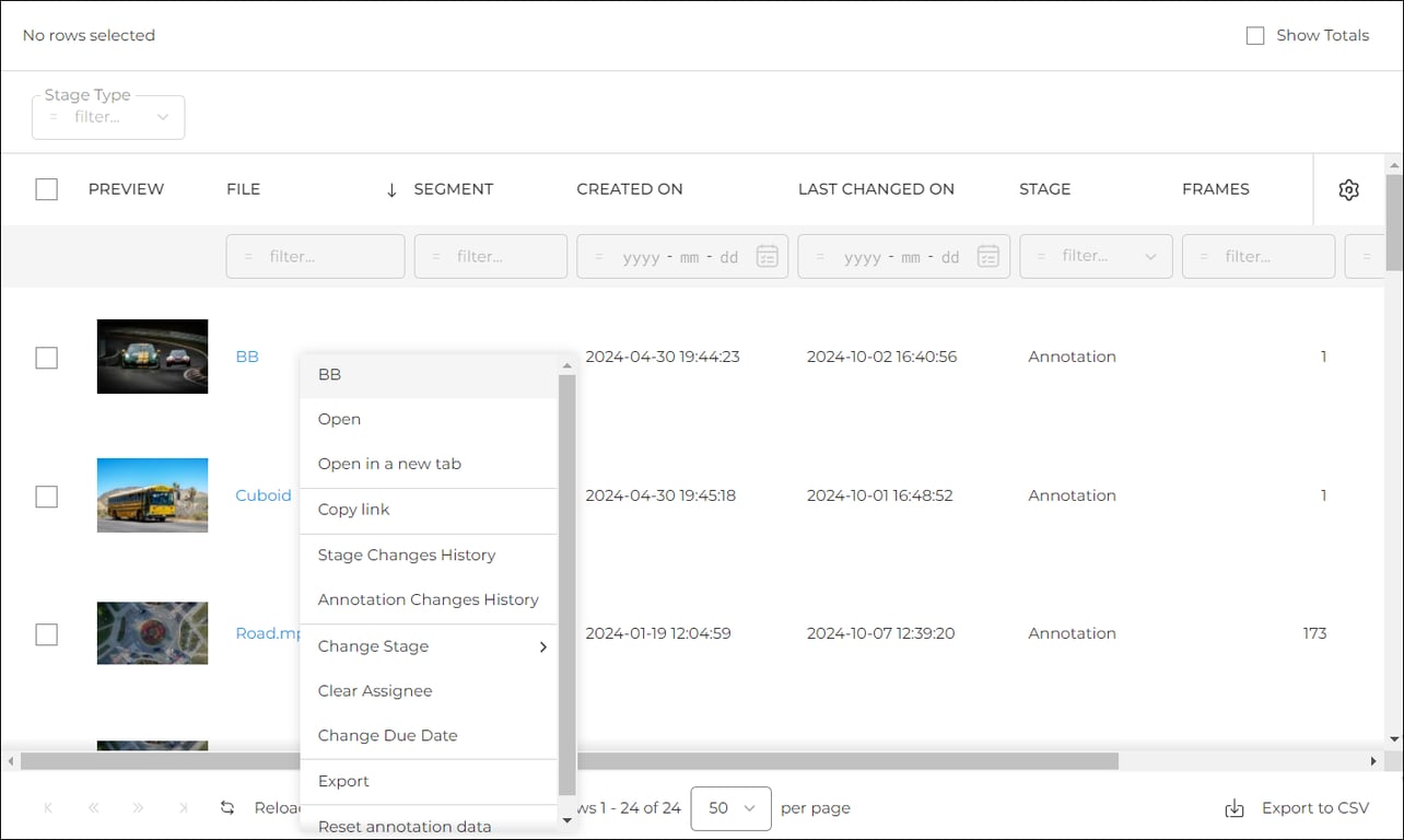 Available actions with a file in the "Files" tab