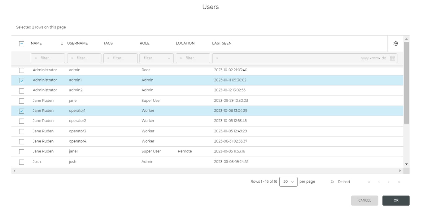 Users tab in the project setup