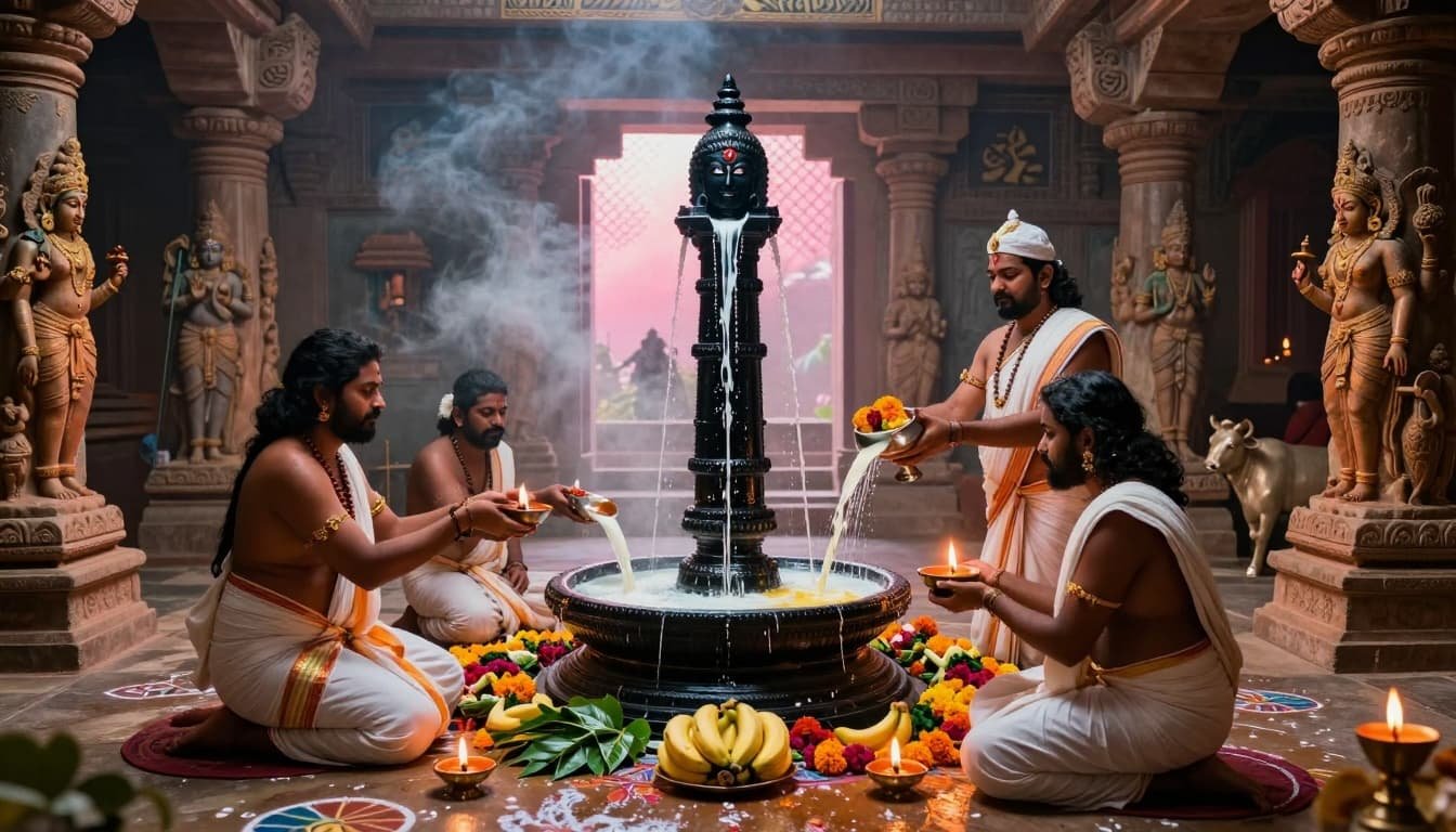 4 priests performing shiva abhishekam with milk, ghee, and flowers, in a fictional temple