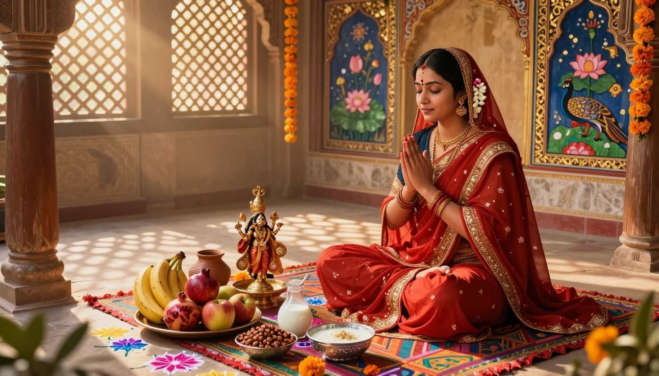 a woman praying next to a bowl of fruits and nuts with a bottle of milk.