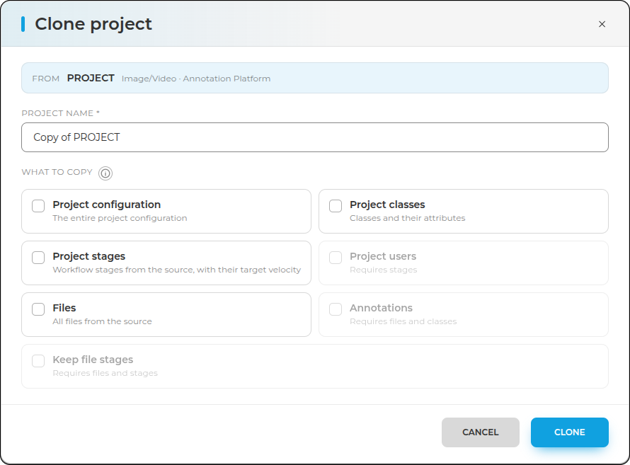 Window for creating a project clone (duplicate)