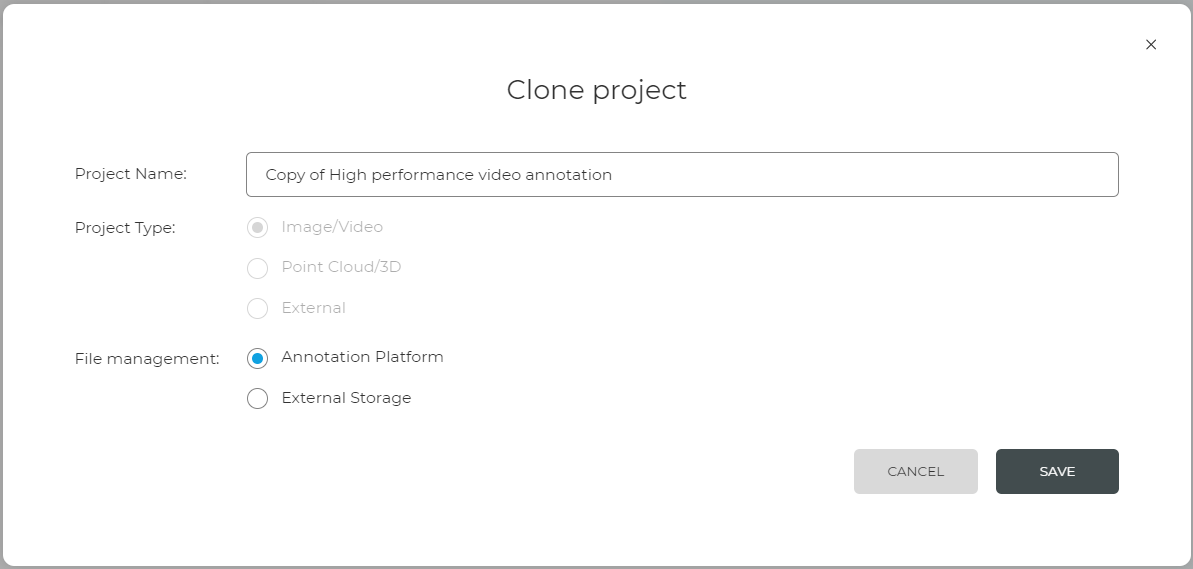 Window for creating a project clone (duplicate)