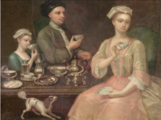 ▲ 18세기 초 차를 마시는 영국의 가정(1727) 18세기 초 영국 가정에서는 세계 각지에서 생산되어 국제적으로 유통되었던 상품들을 소비하고 있었어요.