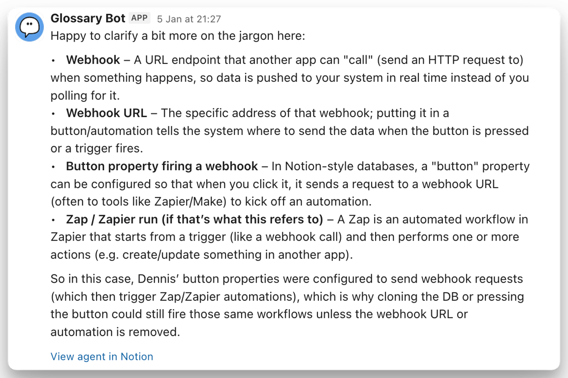Our Custom Agent bot-splaining in Slack