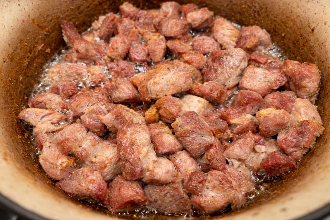After cooking for 20 minutes uncovered, pork will be deeply browned. 