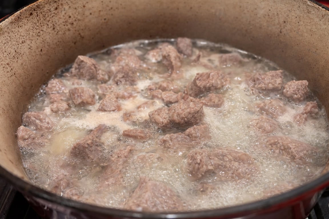 Cover the pork. After 20 minutes of cooking, the pork will have steamed and released a lot of fat into the water.  
