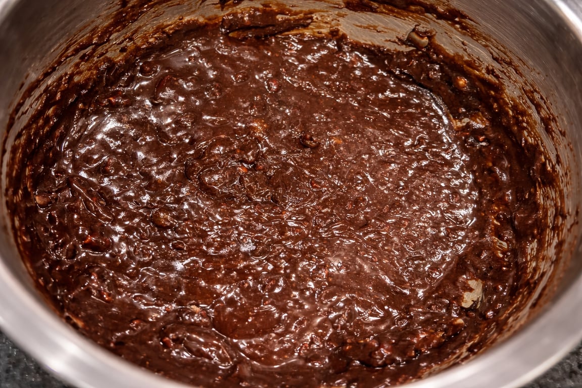 Stop whisking here. Overmixing now will make the brownies tough.