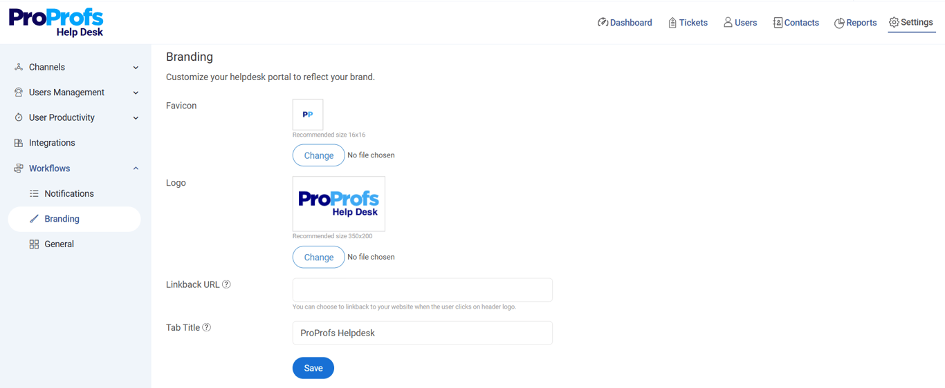 ProProfs branding and customization settings