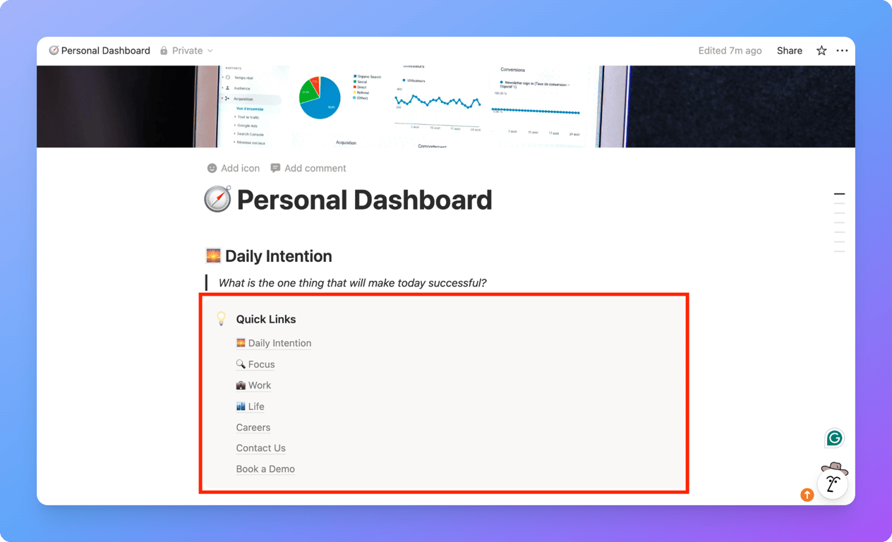 Table of contents block added to a Notion dashboard for navigation