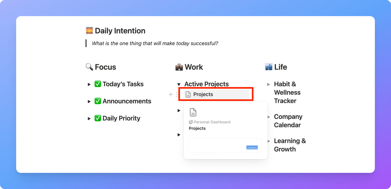 Linking task and project databases inside a Notion dashboard