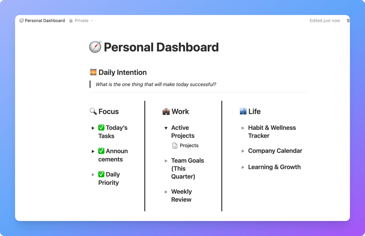 Using toggle headings to organize sections in a Notion dashboard