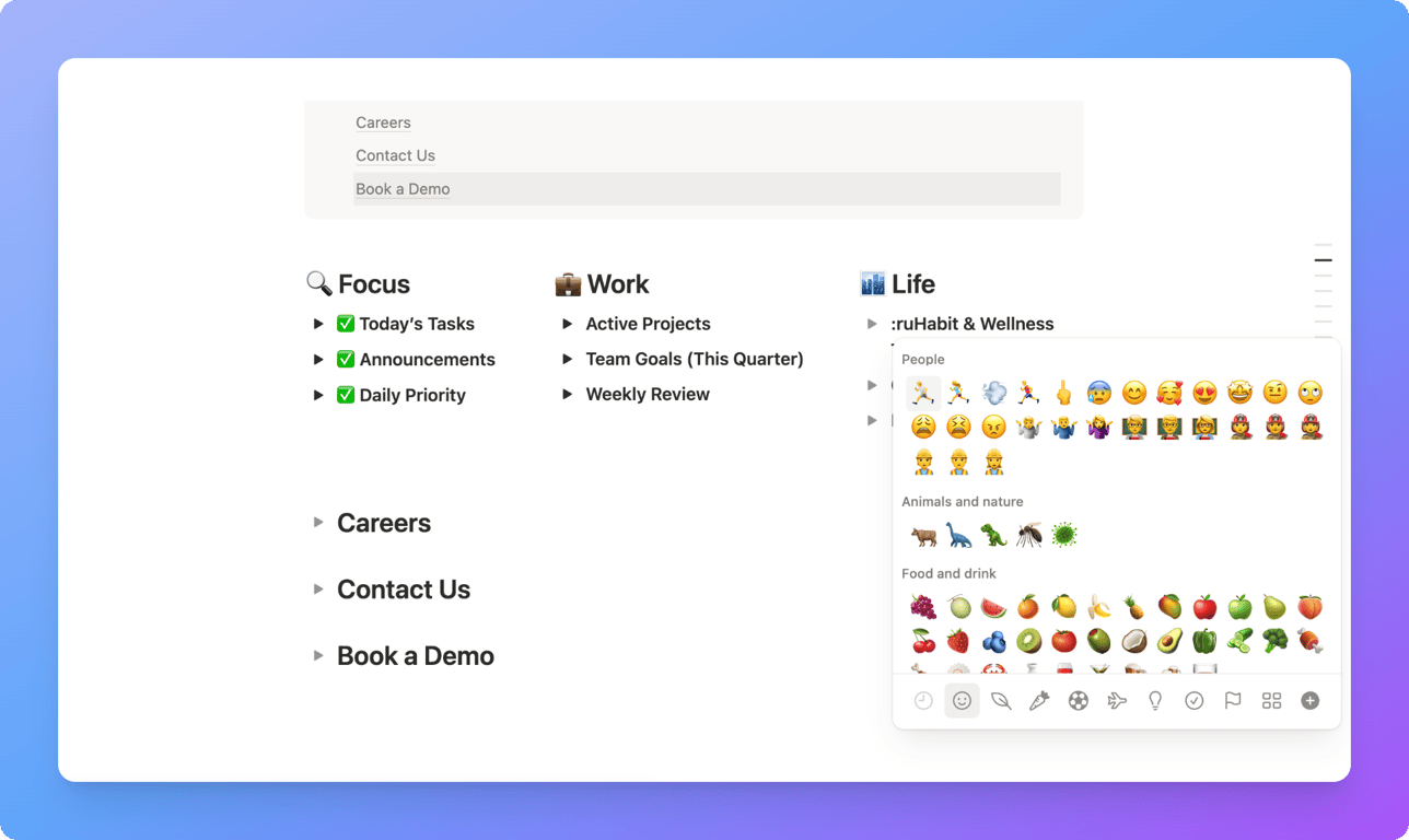 Adding emojis to Notion dashboard section headings