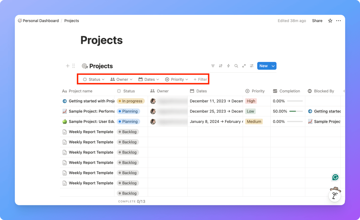 Filtering the databse with different categories