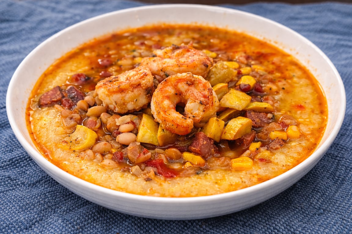 Shrimp, Andouille & White Bean Stew Over Creamy Polenta
