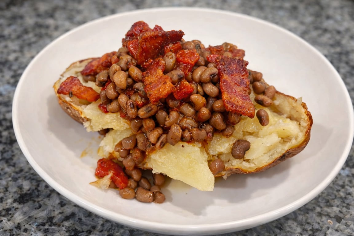Rancho Gordo Field Peas with Thick-Cut Bacon Over Baked Potatoes