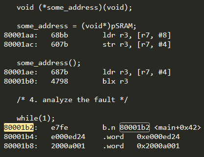 0x0800_01B3 바로 이전 주소의 명령이 "some_address()"이고, 이 명령이 Usage Fault를 발생시켰음을 알 수 있다