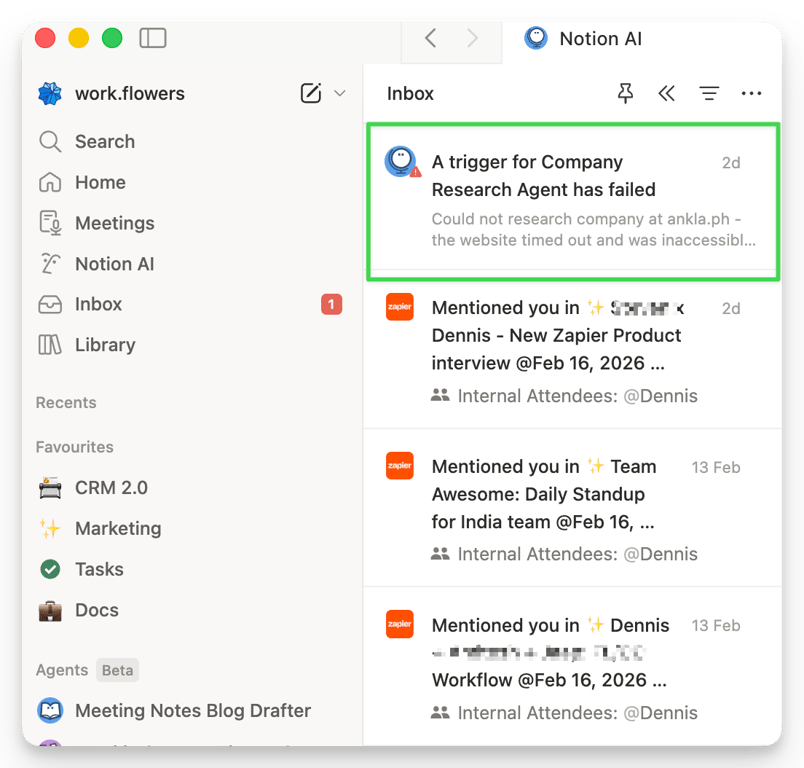 When one of your Custom Agents has a problem, it calls for help right in your Notion inbox