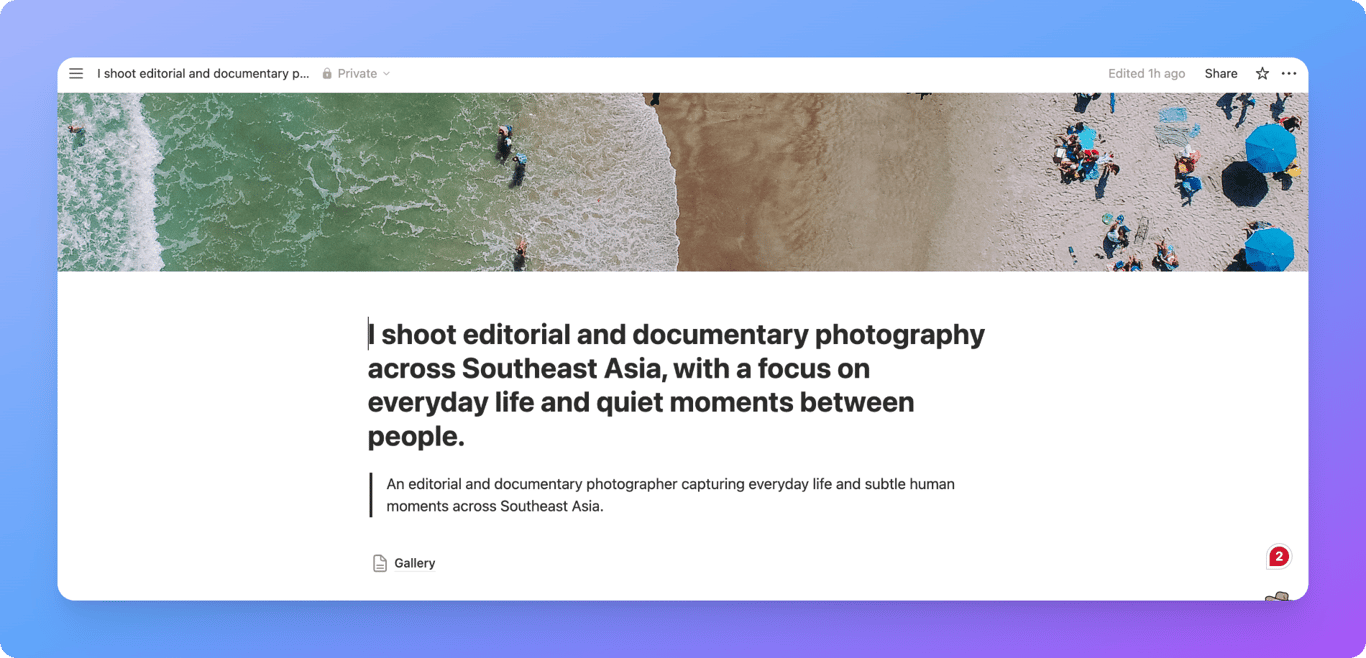 Creating portfolio pages and gallery structure inside Notion