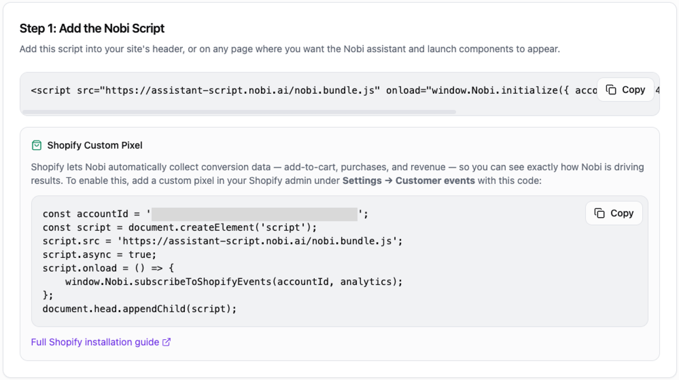 A screenshot of Nobi’s installation instructions from the Nobi dashboard