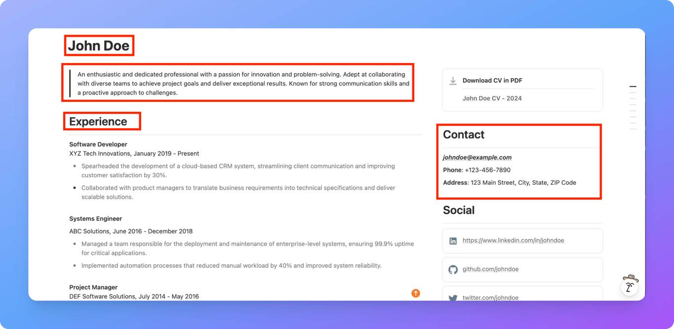 Creating a resume layout inside a Notion page