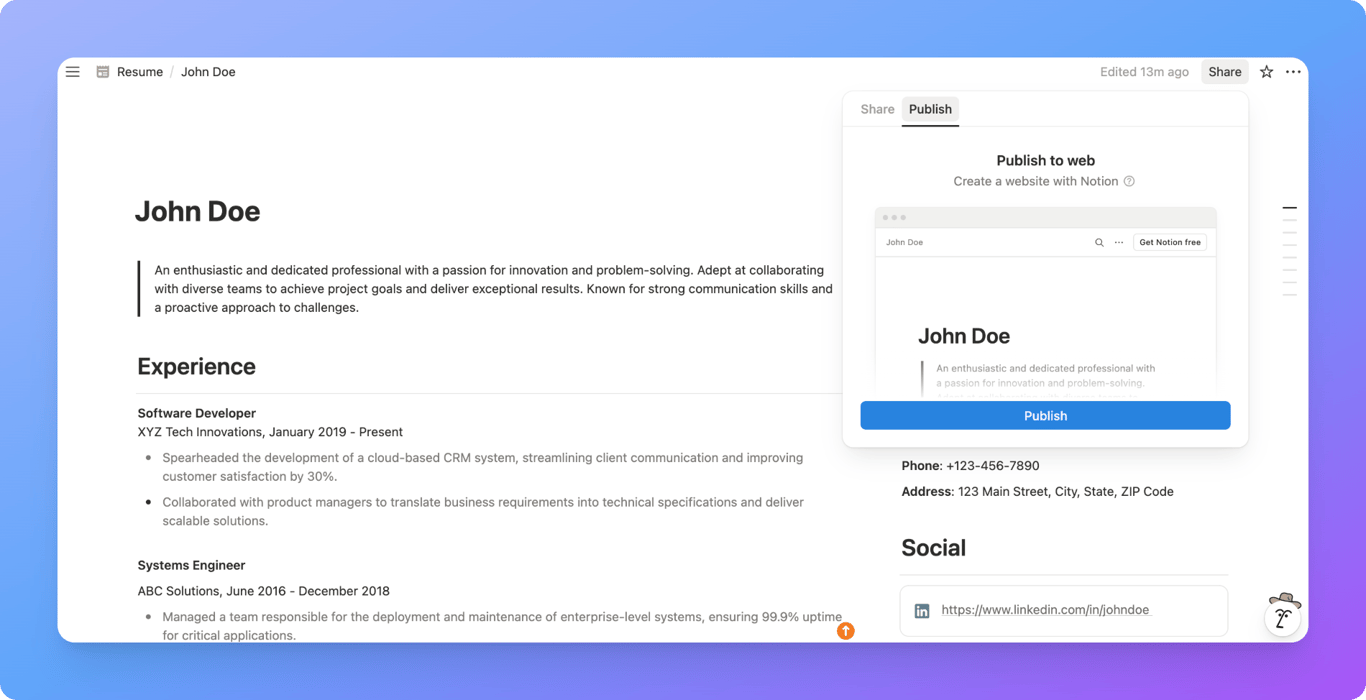 Importing a Notion page into Bullet.so to publish a resume website