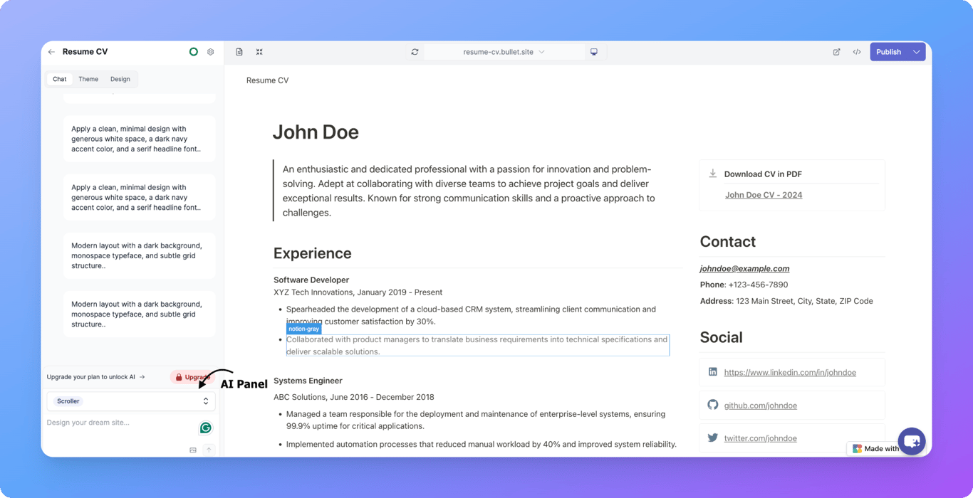 Bullet AI applying design styling to a Notion resume site