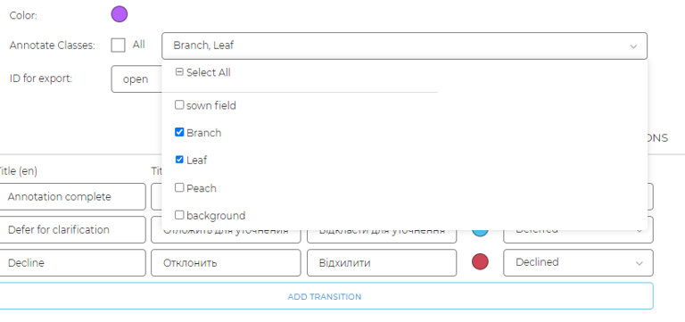 Classes choice for the annotation stage