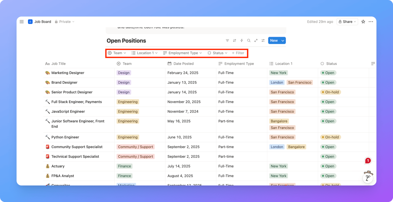 Filtered job board view