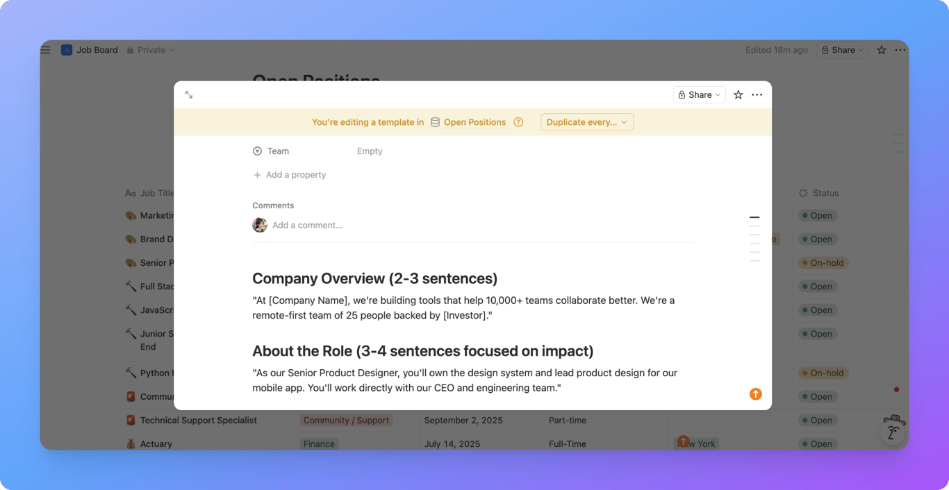 Job listing template layout