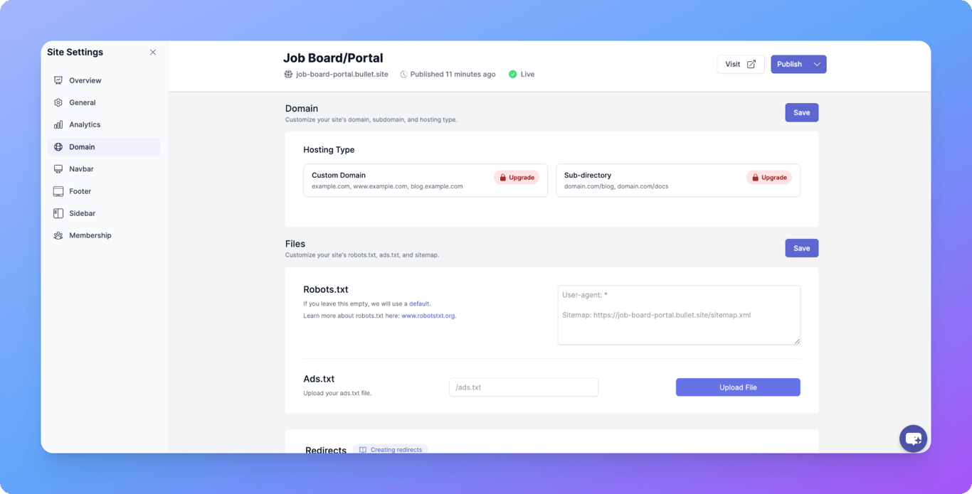 Custom domain settings page