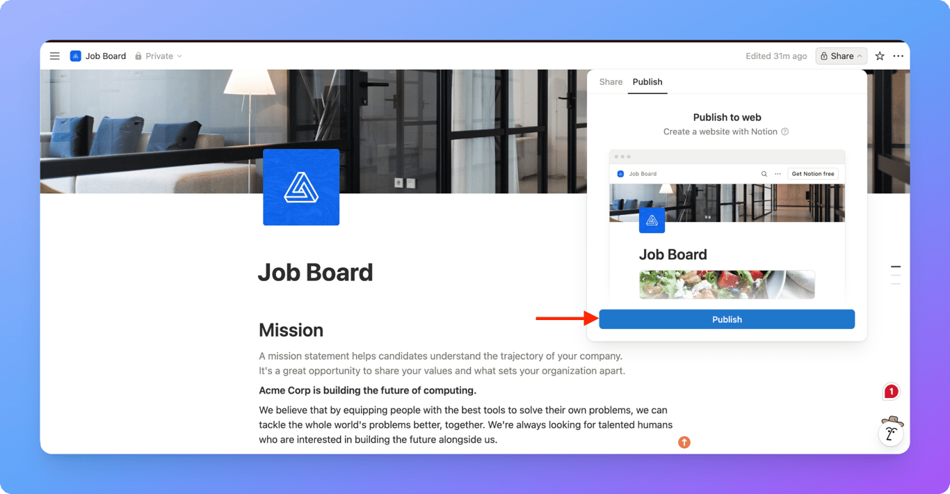 Notion share settings panel
