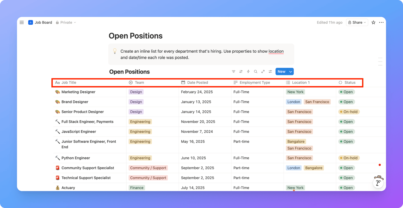 Notion job database table