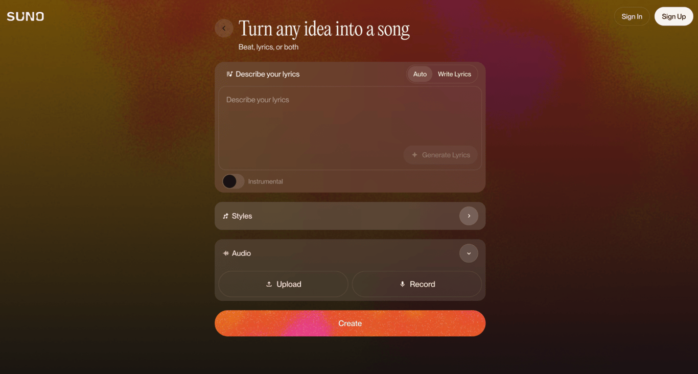 Suno web interface for generating songs from text prompts