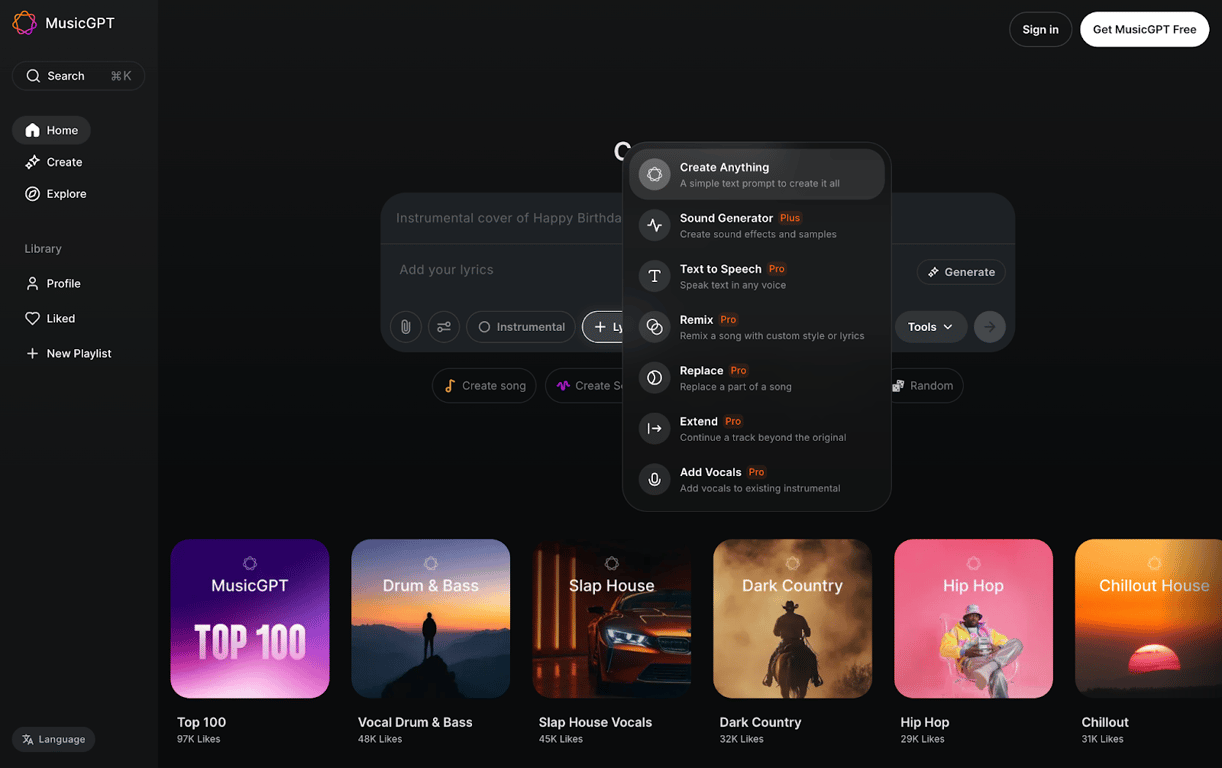 MusicGPT AI music creation dashboard